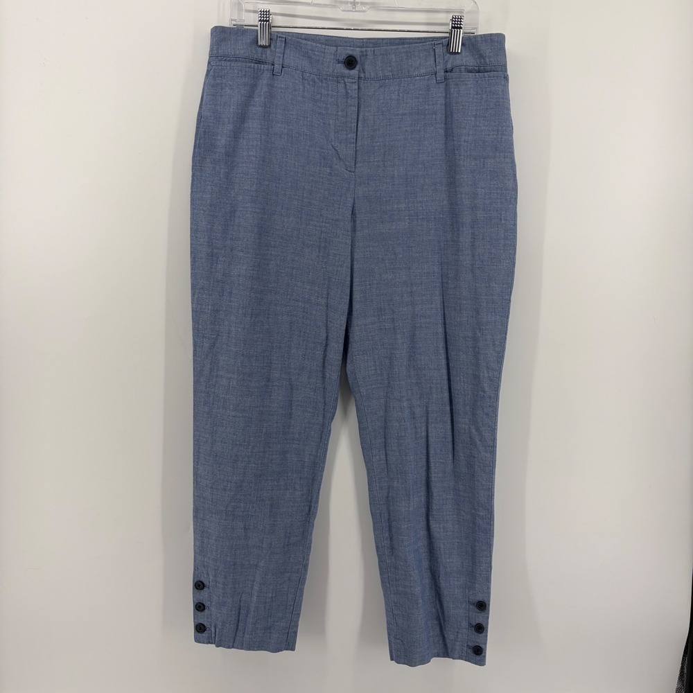 Talbots Perfect Crop Pants Blue Women's Size 10 Cotton Chambray Button Hem